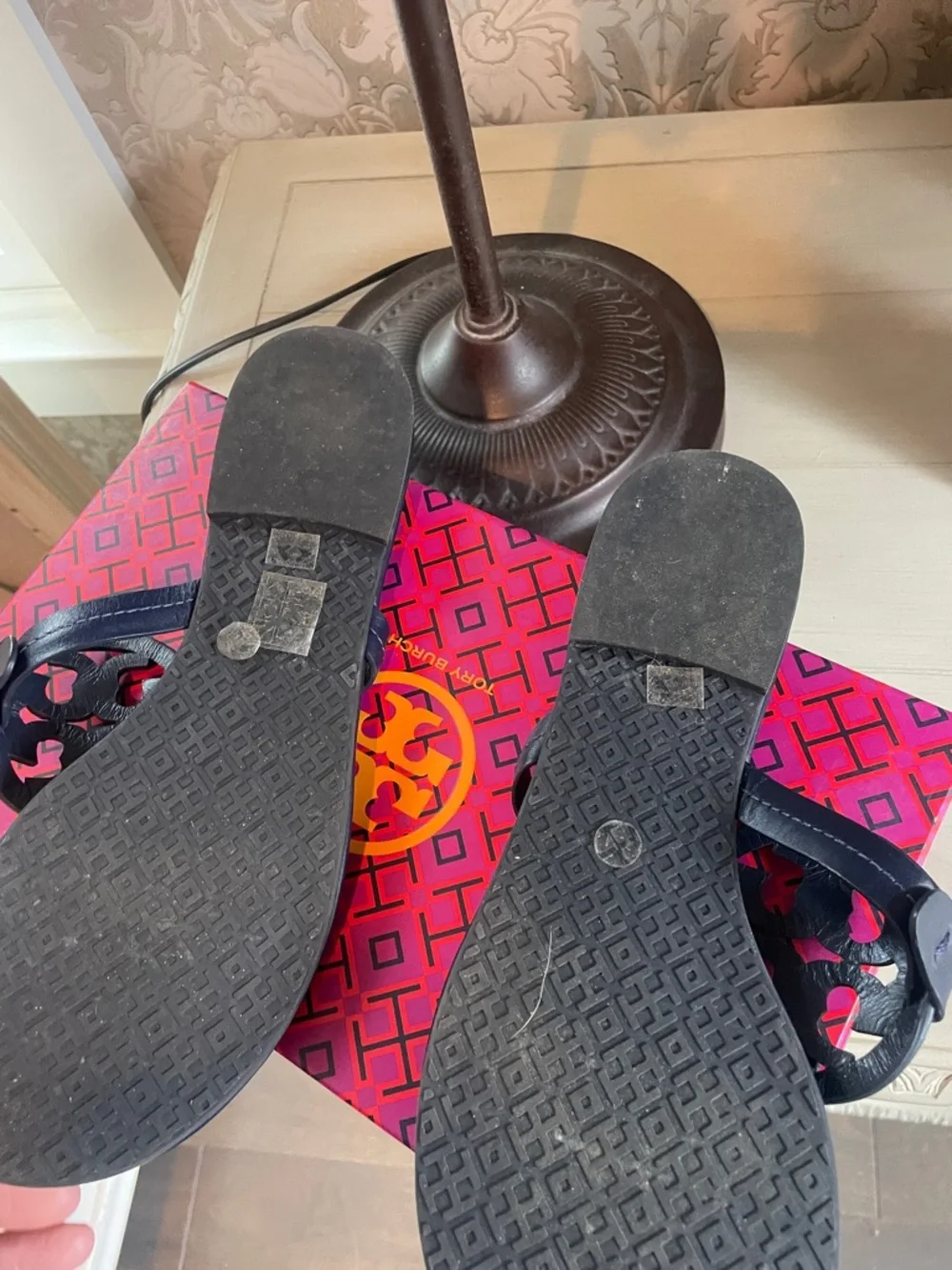 Tory Burch Navy Miller Embellished Leather Sandals Crystals Jeweled 10 Shoes - Picture 6 of 7